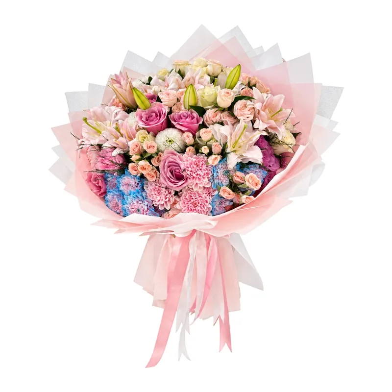 Pembe Lilyum ve Güllerden Dev Buket