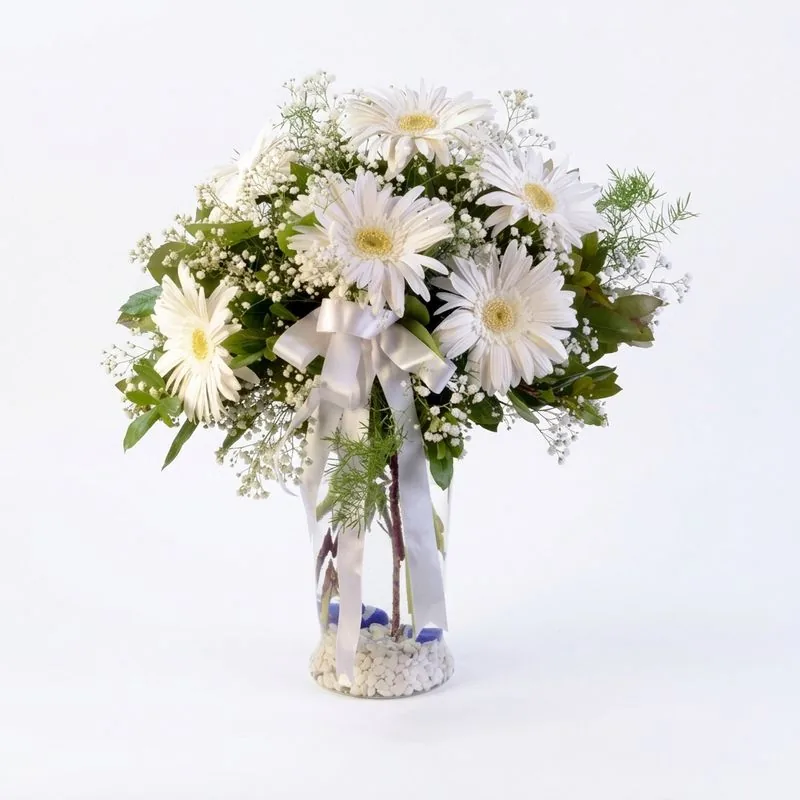 Cam Vazoda 9 Adet Beyaz Gerbera